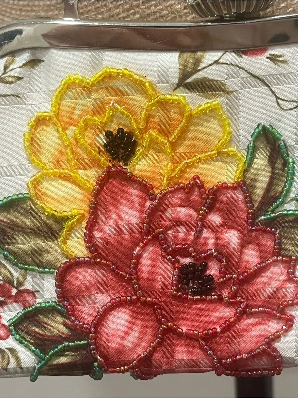 Womens Vintage Pink Beaded Floral Clutch Handbag Multicolor Silver Tone